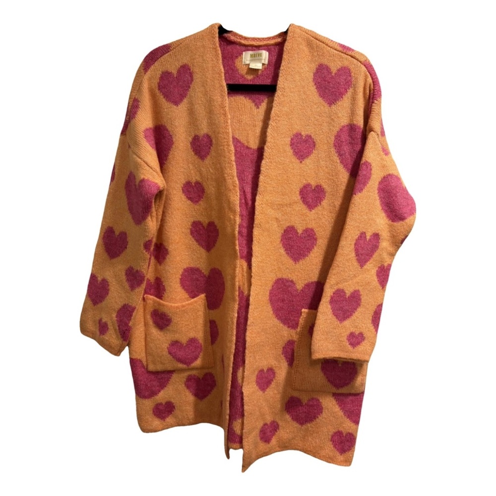 Anthropologie Maeve Orange Cardigan with Pink Heart Pattern